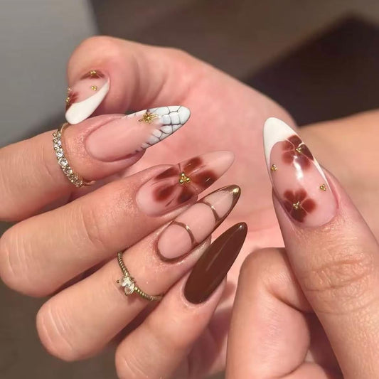 Handmade French Tip Press on Nail Almond Fake ons with Designs Chrome False Nails Long Glossy Full Cover Glue on Nails Stick Women Nails Manicure Decoration 10Pcs (MT-179-M)
