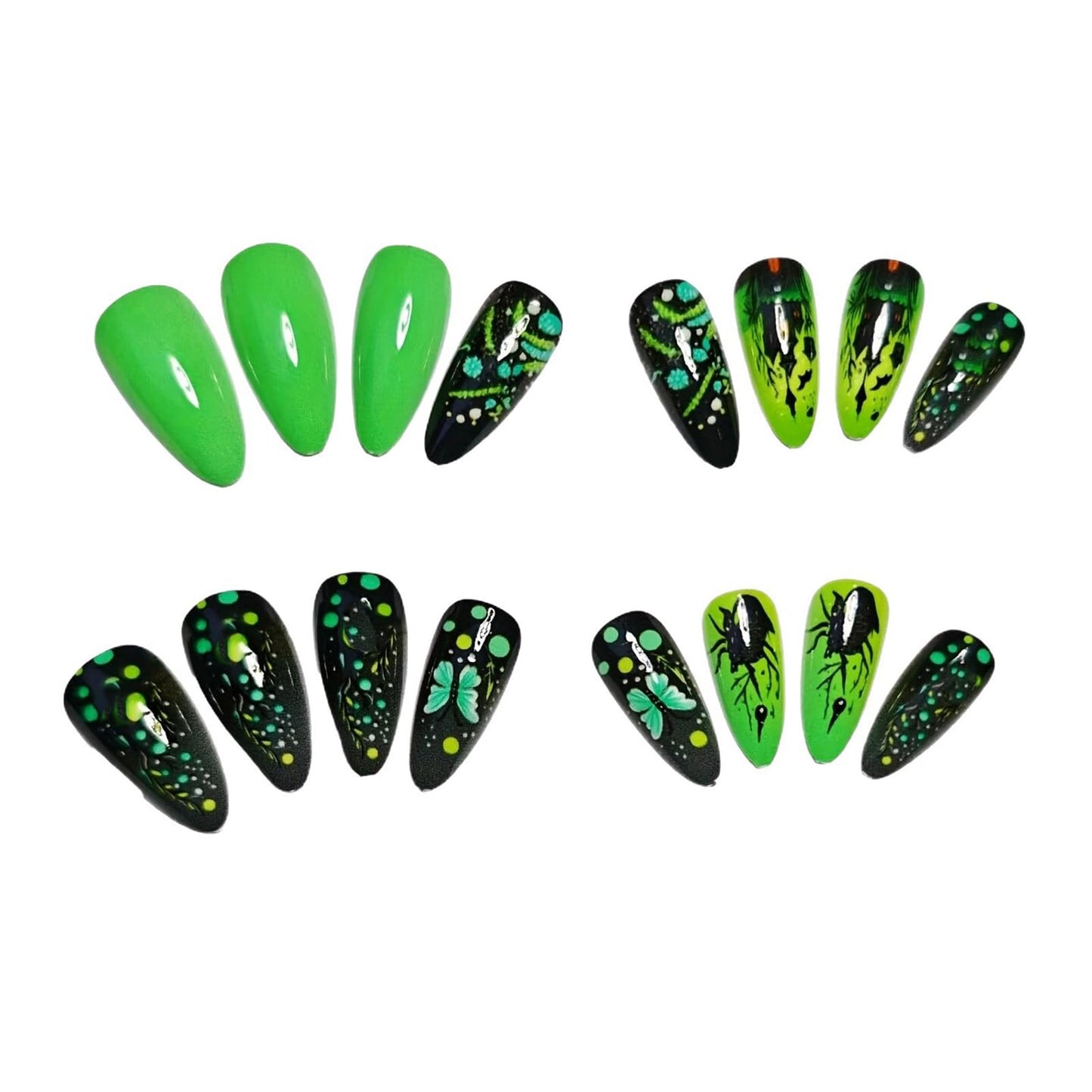Halloween Press-On Nails Fluorescent Green Skull City Design False Nails Long Almond False Nails Butterfly Spider Acrylic Stickers Nail Gloss Halloween for Women Girls 24pcs