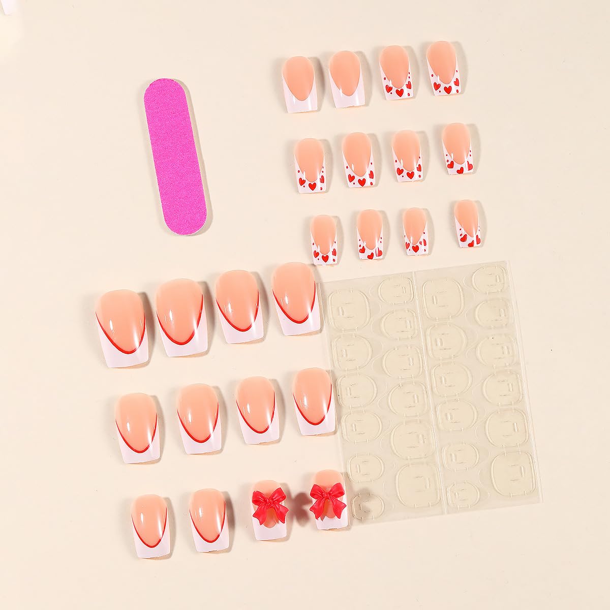 24Pcs Valentine's Day French Tip Press on Nails Medium Coffin Bow Fake Nails with Red Rhinestones Design Nude Pink False Nails Full Cover Artificial Glue on Nails Valentines Stick on Nails for Women
