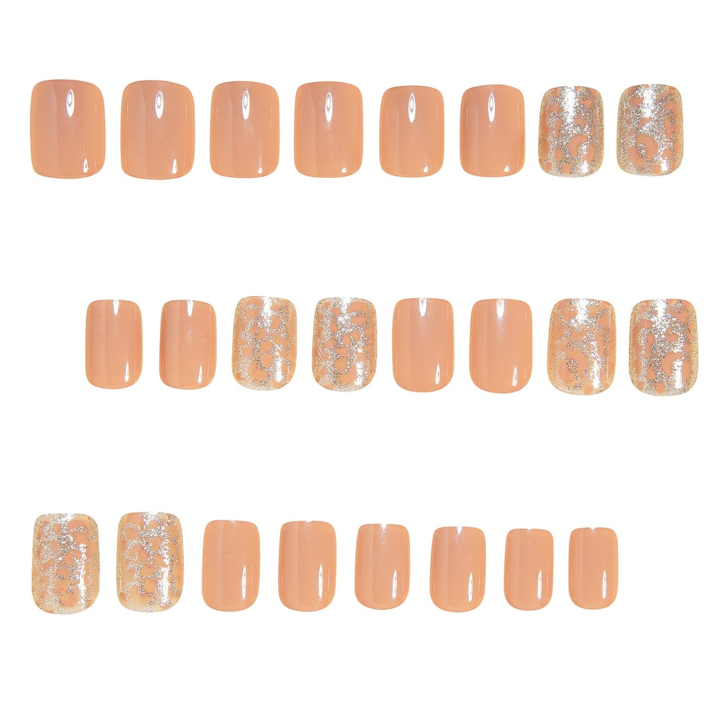 Light Brown Leopard Print Press on Nails Short Square Fake Nails Winter False Nails with Gold Glitter Designs Light Brown Glossy Glue on Nail Winter Full Cover Acrylic Nails for Women Girls 24Pcs