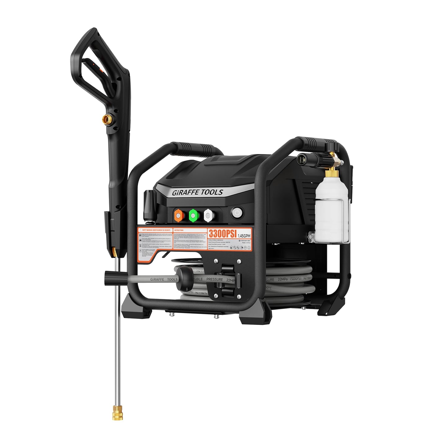Giraffe Tools Crossfalls Retractable Pressure Washer Max, 3300PSI, 1.45GPM, 1800W Induction Motor, Wall Mounted Electric Power Washer with 50ft Pressure Hose, 4-Nozzles, Foam Cannon, Automatic Rewind