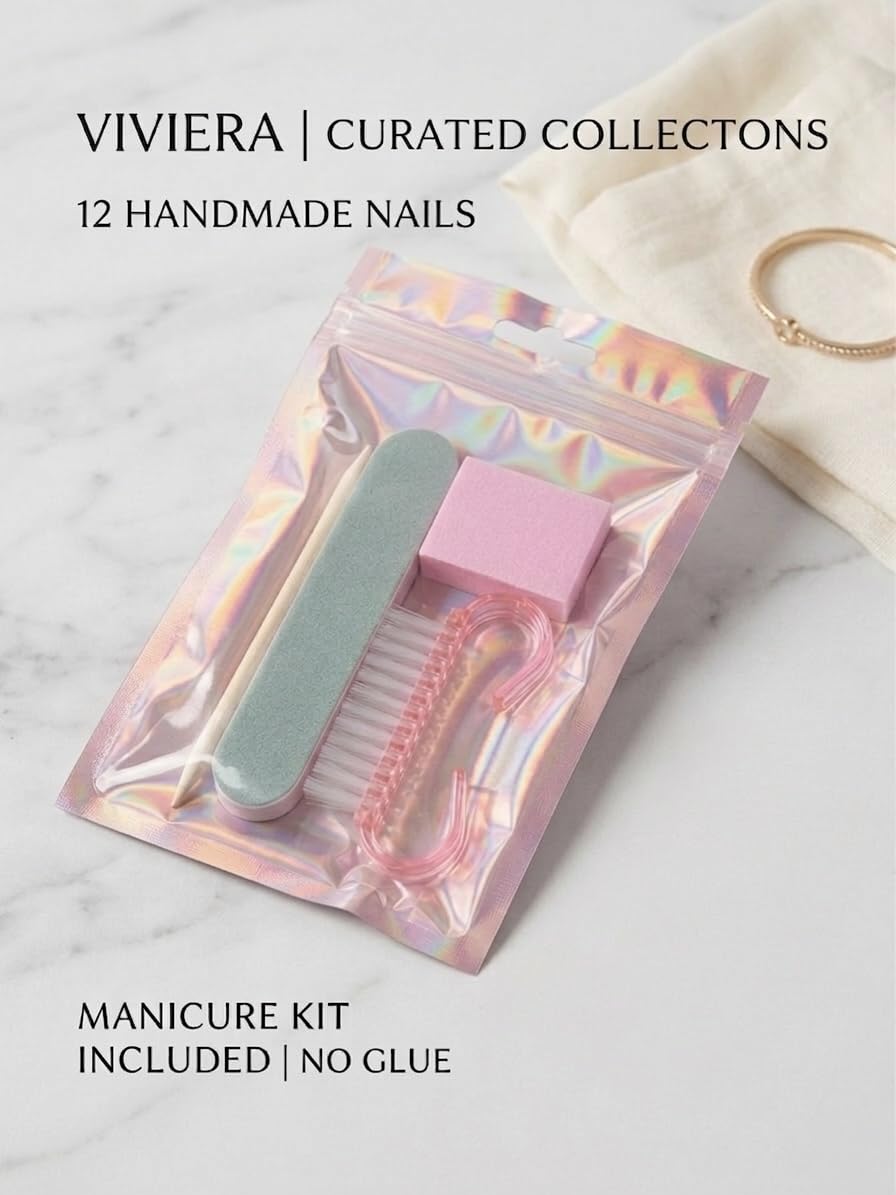 Viviera Handmade Press-On Nails, Blush Pink Nude with French Tips, Heart Design, Rhinestone Accents, 12 Count, with Manicure Kit