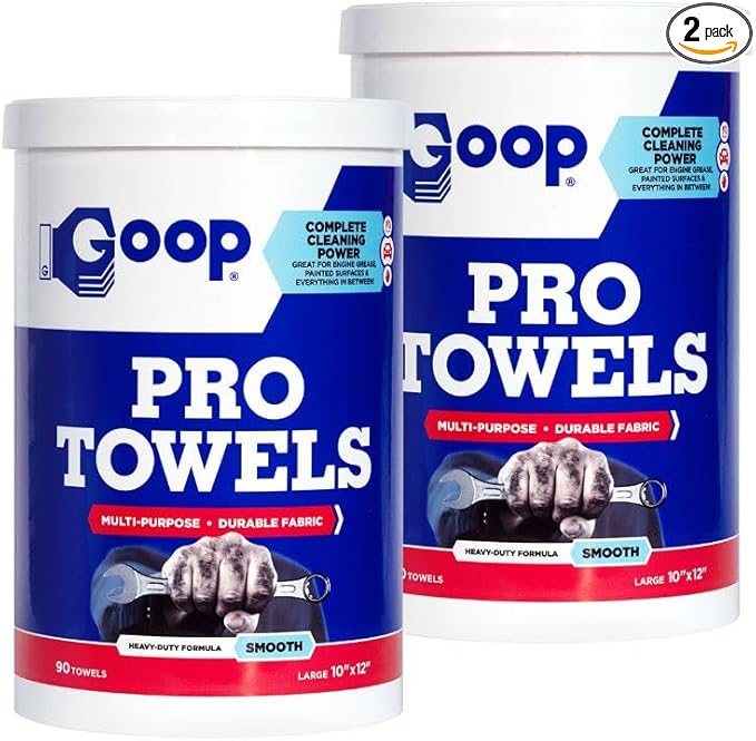GOOP Pro Towels Heavy-Duty Multi-Surface Cleaning Wipes â Removes Engine Grease, Grime & Paint â Safe for Tools, Machinery & Painted Surfaces â 90 Extra Large 10" x 12" Towels (Pack of 2)