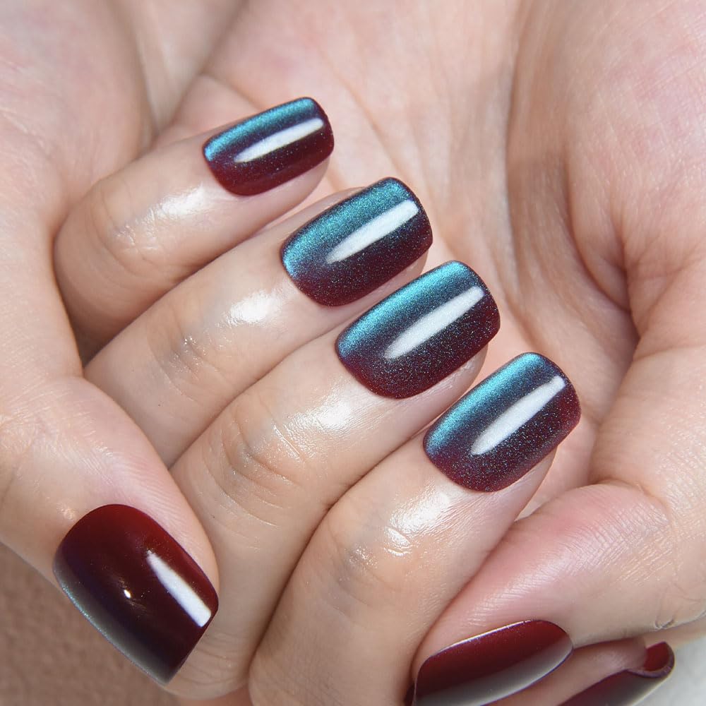evpct Mauve Teal Cat Eye Chrome Press on Nails Short Square No Glue, Holographic Short Square Stick on Nails for Women, Holographic Glossy Fake Nail Reusable, Soft Press on Acrylic Nail with Designs