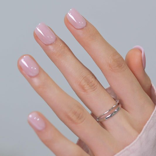 LAMIMOSA 32Pcs Pink Press On Nails Short Square - Soft Gel Fake Nails in 16 Sizes, Chrome Glue on Nails kit, Glazed Stick on Nails, Spring Nails, PINK GLAZE