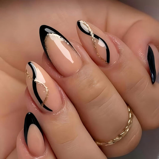 Black Press on Nails - French Tip False Nails with Gold Line Design - Almond Fake Nails Press ons - for Women 24 Pcs
