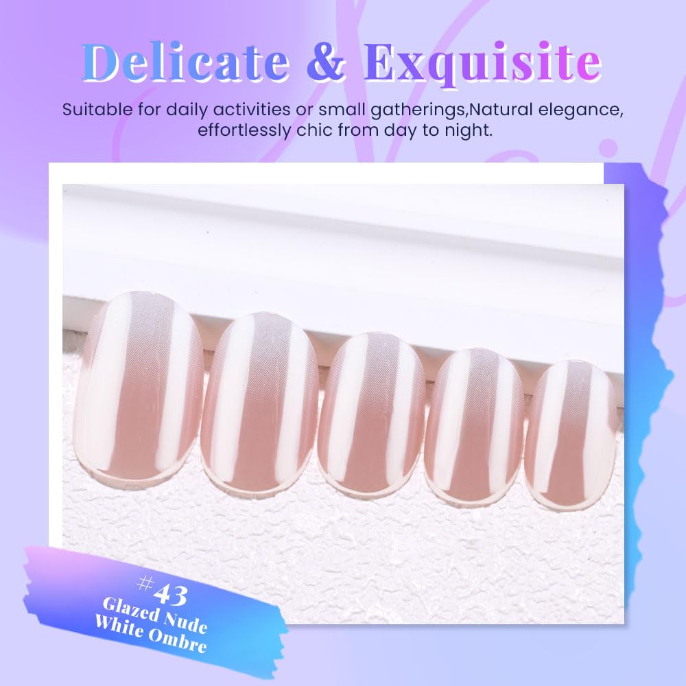 evpct Nude White Ombre Glazed Press On Nails Short Oval No Glue, Glazed Glossy Aurora Stick on Nail for Women, Reusable Full Cover Soft Press on Fake Nail Perfectly Fit with Ombre Design Salon-quality