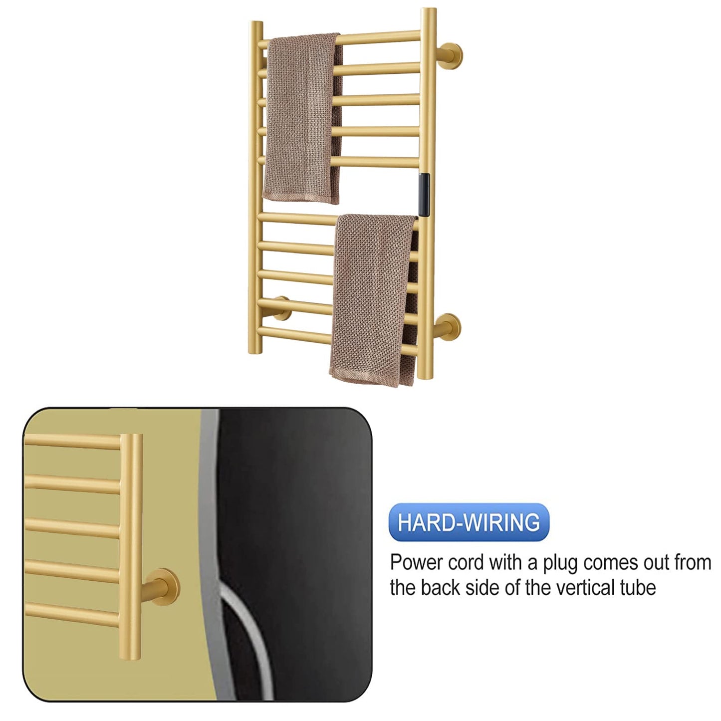 DUDYP Gold Heated Towel Warmer Radiator Bathroom Accessories, Built-in Timer Temperature Control 10 Bars Electric Heated Towel Racks for Bathroom, Stainless Steel Towel Warmer Drying Rack, (Hardwired)