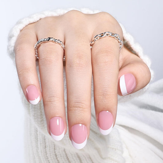 Leefrei French Tip Press On Nails - Short Oval White Tips Press on Nails Glossy Nails Press Ons for Women DIY Fake Nails Kit with Glue, Reusable Glue on Nails Short in 16 Sizes - 32pcs, Blush French
