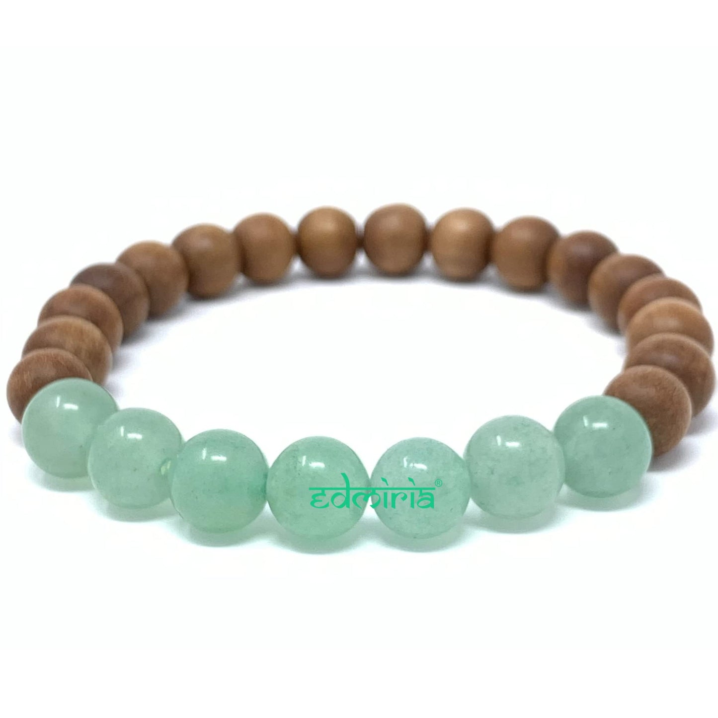 EDMIRIA Sandalwood Bracelet with Green Aventurine for Men and Women's Handmade Stretchable Elastic 8mm Chandan and Heart Chakra Round Beads Wrist Band for Yoga Meditation Astrological 7.4 Inch