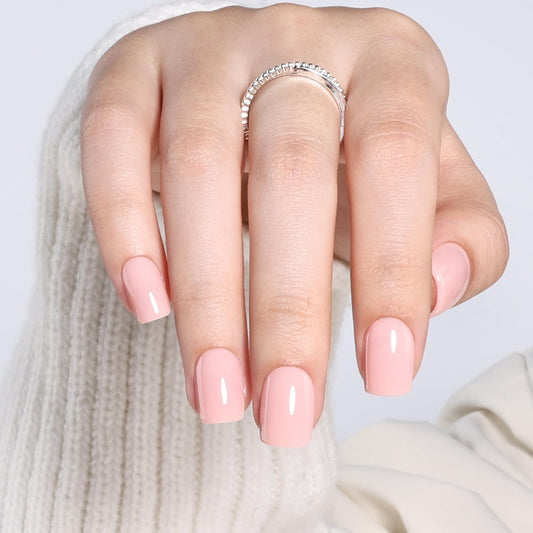 Leefrei Press on Nails Short - Square Nails Press ons for Women, Reusable Glossy Nude Pink Glue On Nails 30 Pcs 15 Sizes Fake Nails Kit with Glue, Soft Blush
