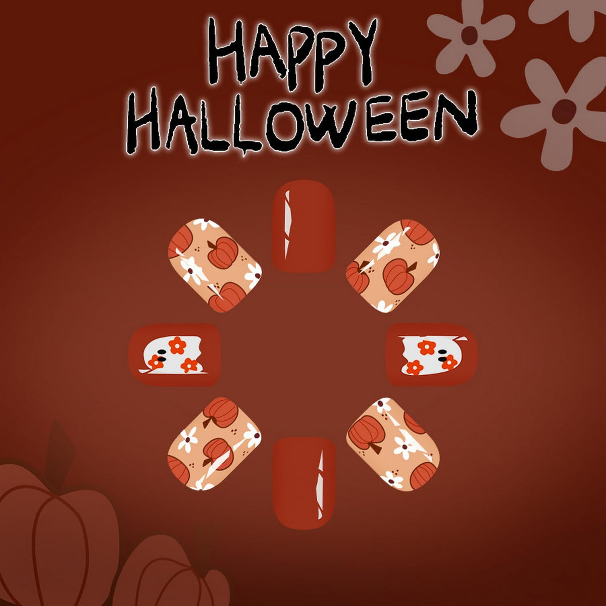 Short Halloween Press on Nails Square Fake Nails with Pumpkin Flower Ghost designs Stick on Nails Glossy Full Cover Fall False Nails Orange Glue on Nails for Women Cute Nail Decorations24pcs