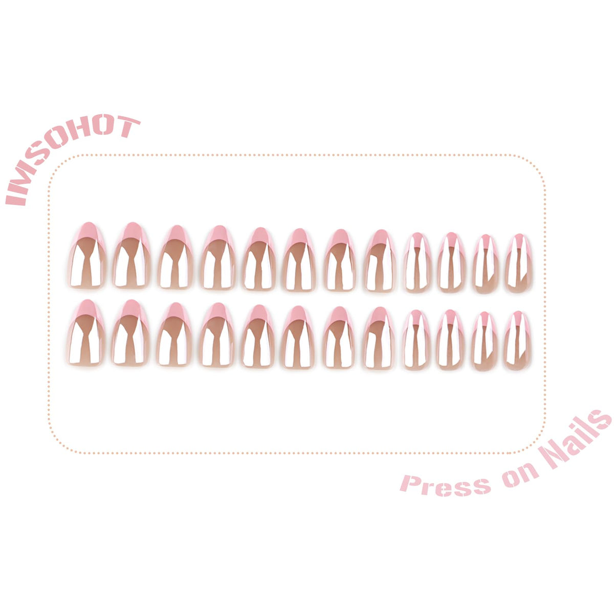 IMSOHOT Chrome Press on Nails Medium Almond Fake Nails Acrylic Pink French Tips False Nails Full Cover Glossy Nude Glue on Nails for Women 24Pcs