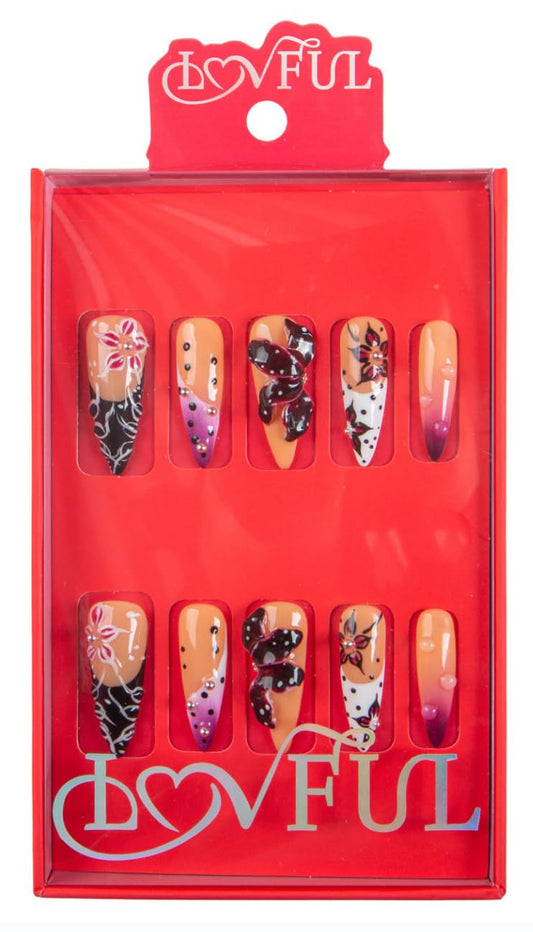 LOVFUL Press on Nails Handmade with Full Covered Crystals Reusable Fake Nails Stiletto Classic Regular 1.3 in Twilight Petals S