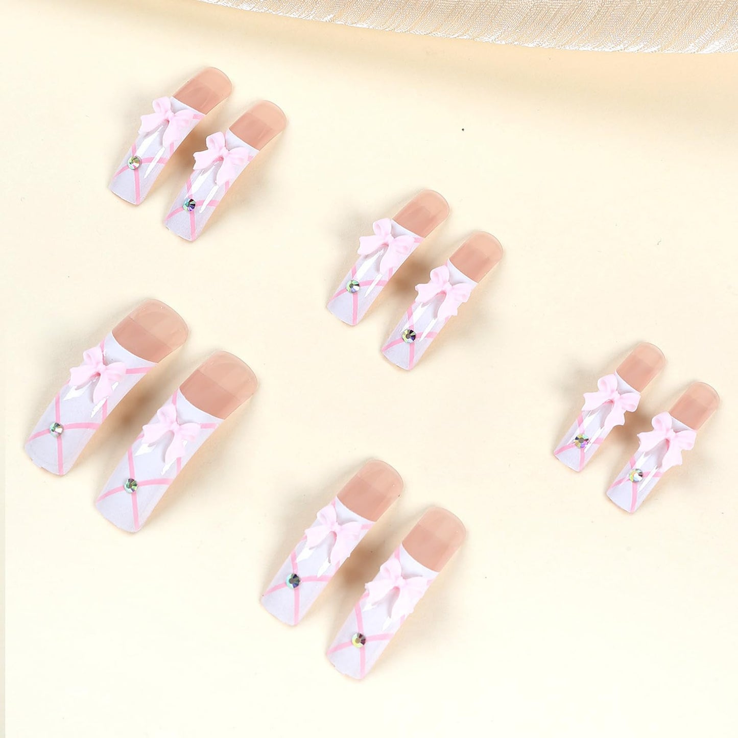 IMSOHOT Extra Long Press on Nails Curved Fake Nails - Pink Bow, Rhinestone Designs White French False Nails Acrylic Artificial Stick on Nails for Women Girls 20Pcs