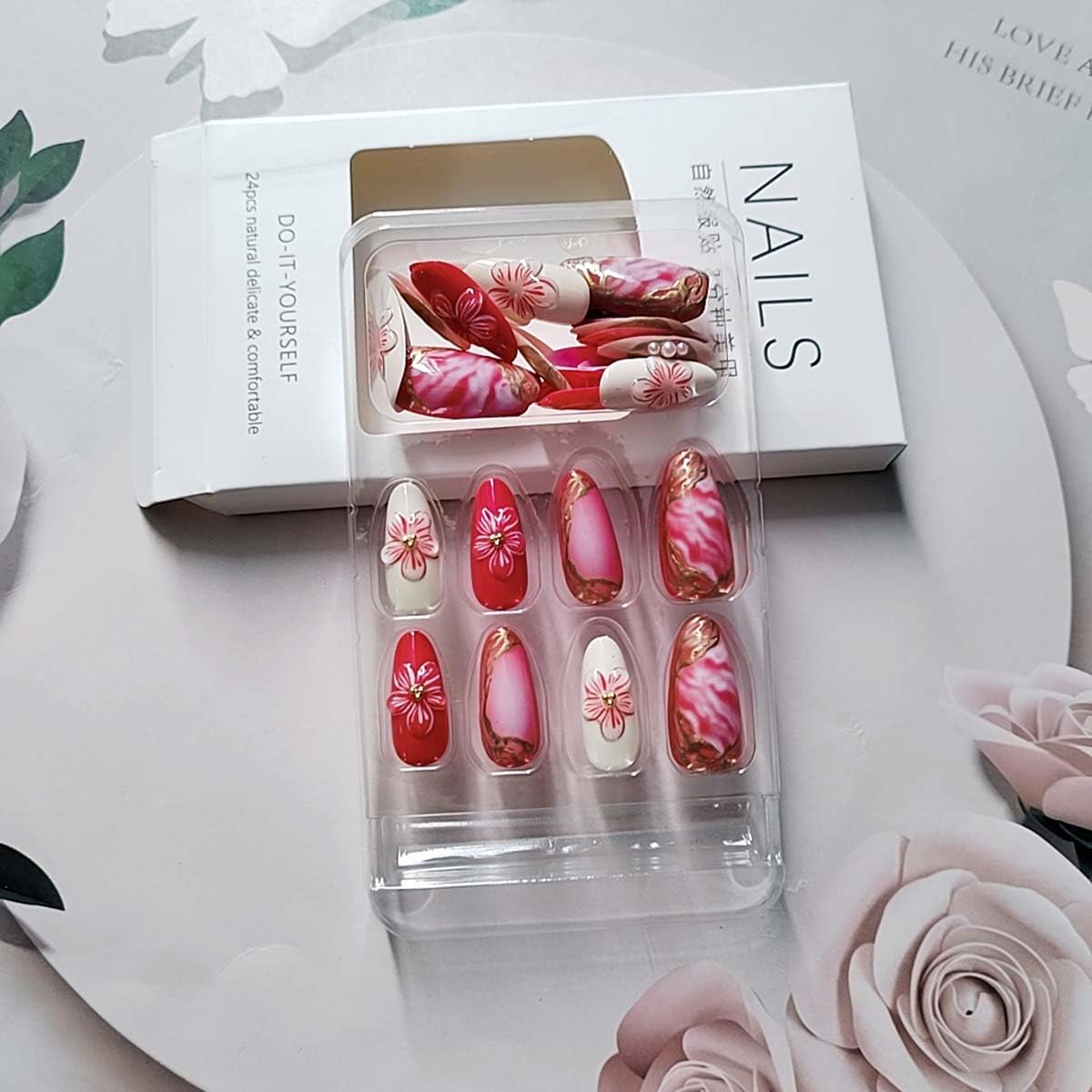 LINMEIZAI 24 Pcs Blossom Press on Nails Short Almond French Fake Nails Press ons Nail Tips Marble Glue on Nails Spring Acrylic Nail Kit with 3D Gold Trim Design False Nails Sticker Nail Art for Women
