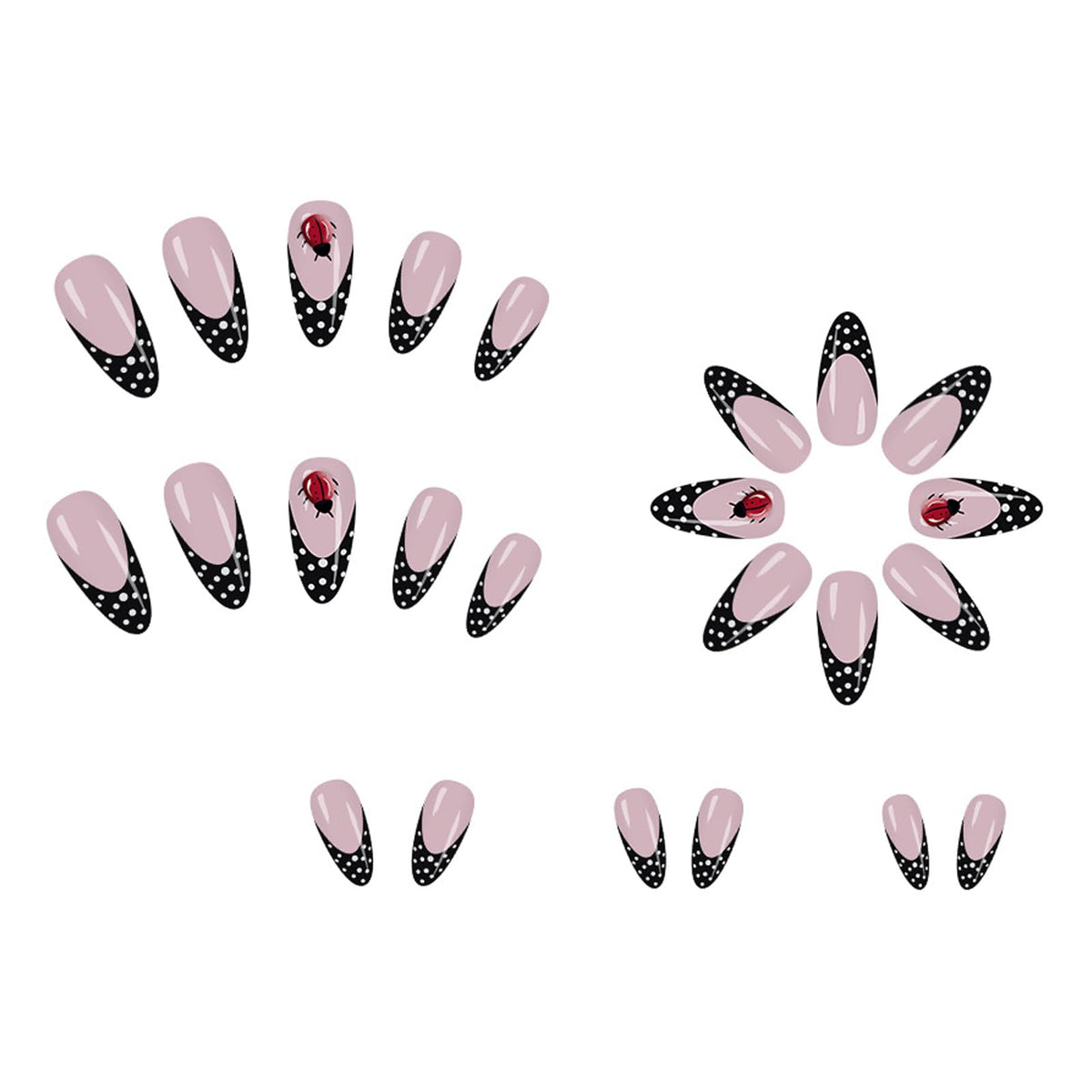 IMRAIN Press on Nails Almond - Medium Black French Tip Fake Nails with Polka Dot & Ladybug Designs, Glossy Full Cover False Nails, 24Pcs Nail Kit for Women Manicure