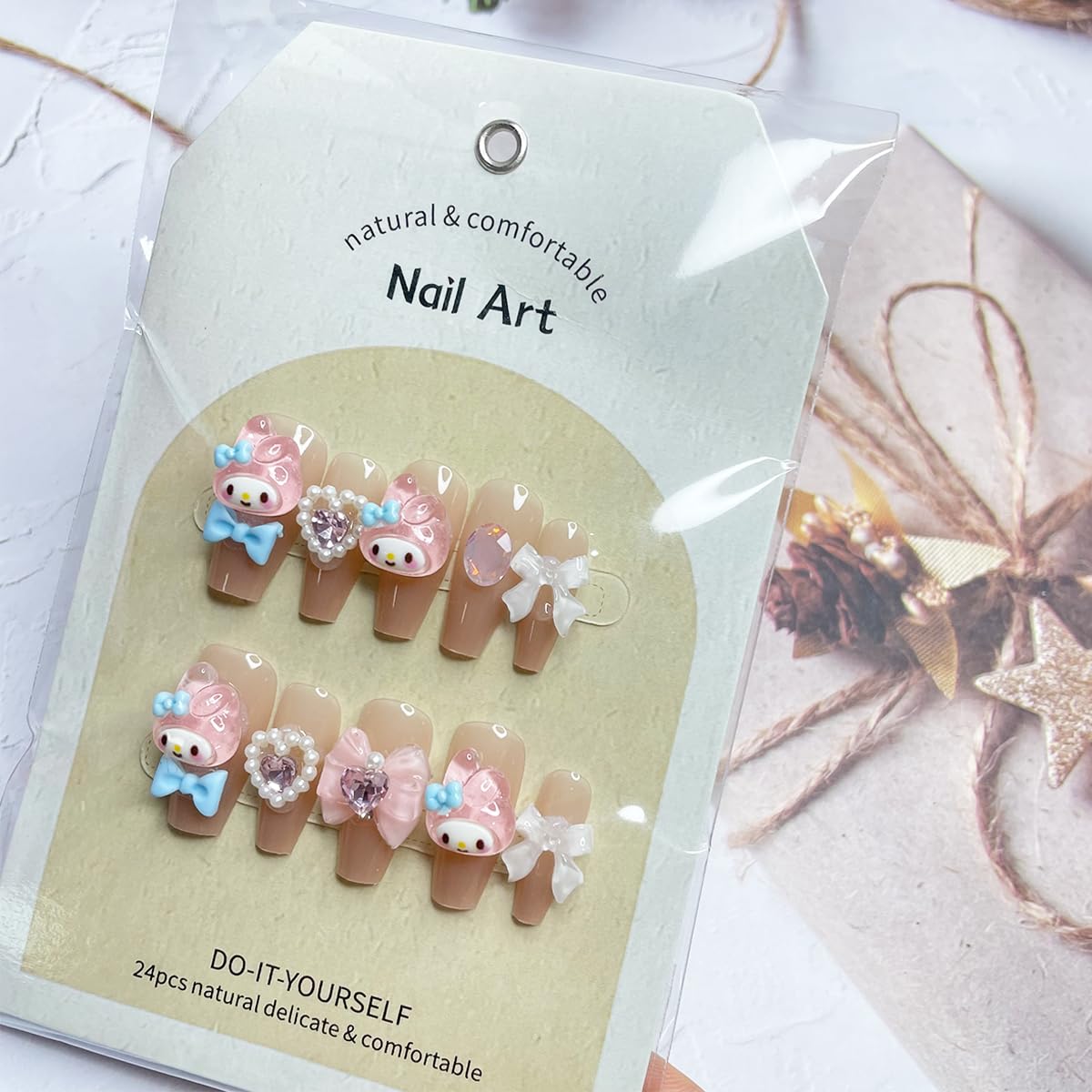 24Pcs Nude Press On Medium Square Glossy Glue On Nails With 3D Kawaii Heart Bow Charms Design French Stick On Cute False Artificial Acrylic Nails For Women Girls Manicure