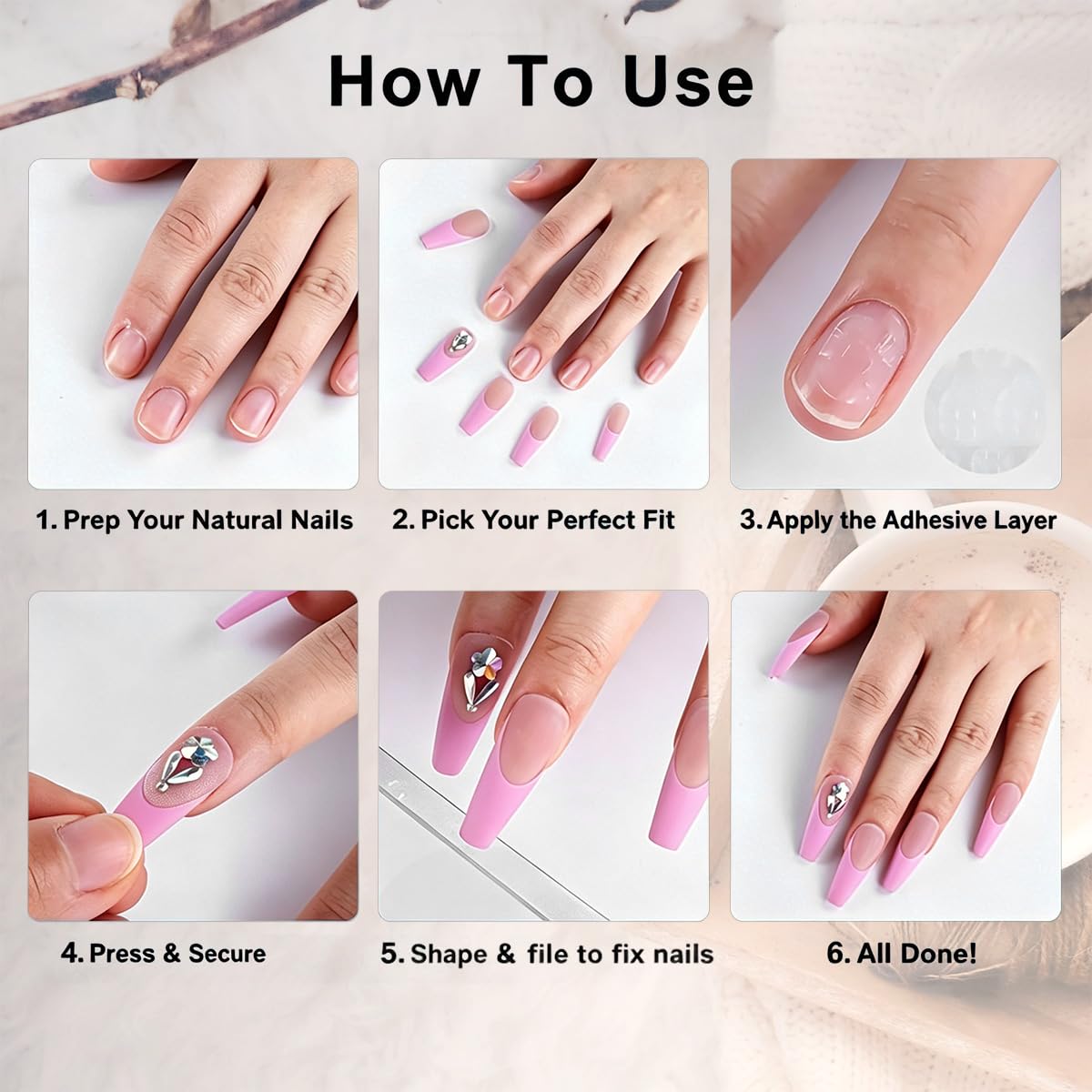 24Pcs Pink Flower Press on Nails Medium Almond French Tip Fake Nails with 3D Gold Gems Design Starfish Pearl False Nails Nude Full Cover Artificial Glue on Nails Handmade Stick on Nails for Women DIY