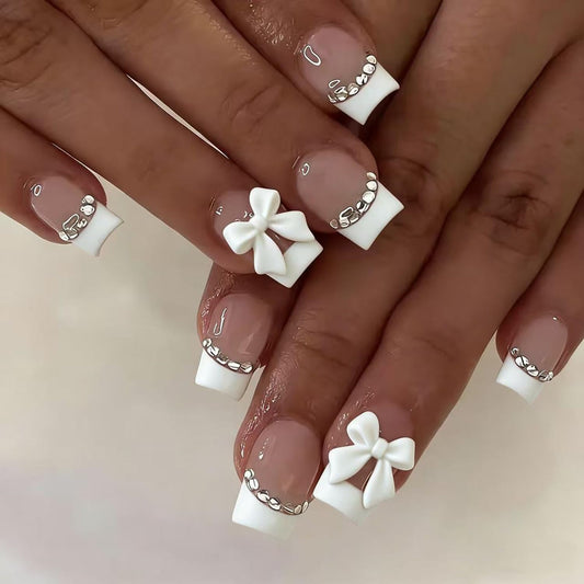 24Pcs French Tip Press on Nails White Tip Square Fake Nails with 3D Bow Full Cover Rhinestone Stick on Nails Medium Nails Press ons Cute White Reusable Acrylic False Nails for Women Girls