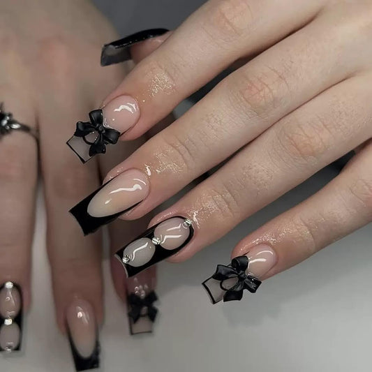 CTTHNBD Press on Nails Square - Black French Tip Fake Nails with Bow Rhinestone Design - Glossy Medium False Nails Press Ons- for Women Manicure 24 Pcs