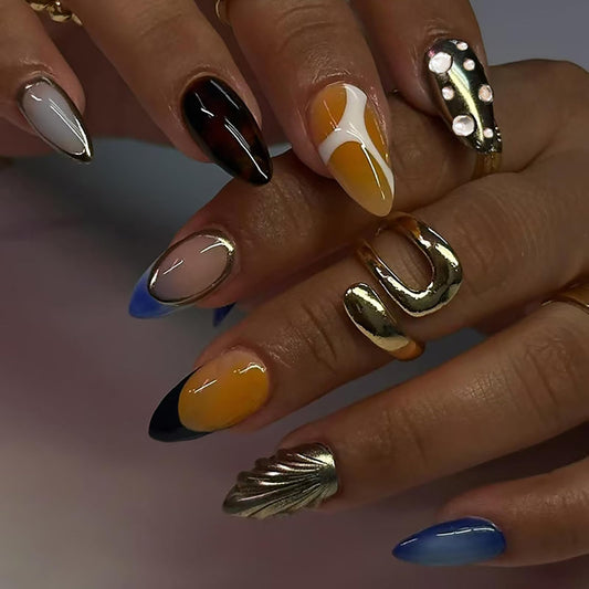 24 Pcs 3D Almond Press on Nails Medium Fake Nails with Glue Artificial Acrylic Nails French Tip False Nails with Glitter Rhinestone Design Handmade Nails Press ons Reusable Stick on Nails for Women