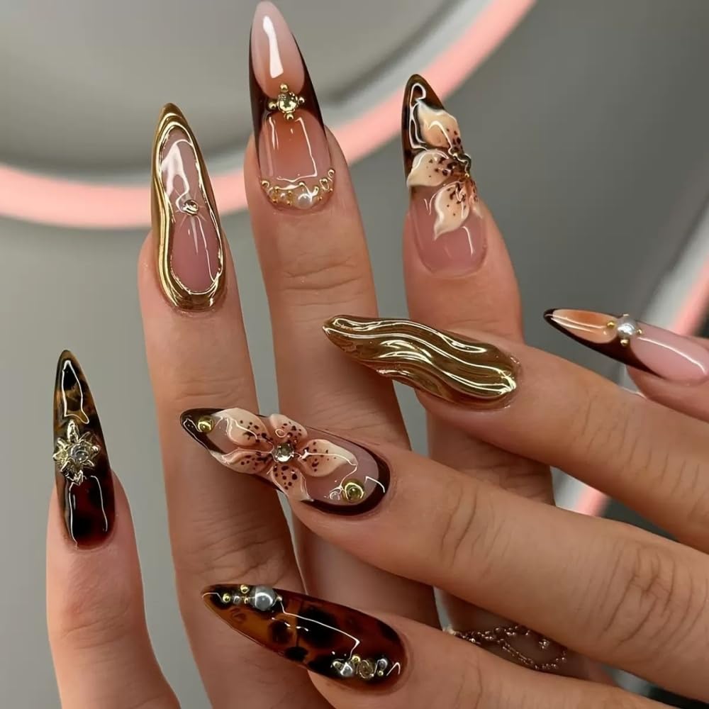 Almond Press on Nails Long Glue on Nail with 5D Rhinestones Flower Charm Design Tortoise Shell Acrylic Nails Glossy Gold Lines Curve Fake Nails Spring Summer Nail Press on for Women Manicure 24Pcs
