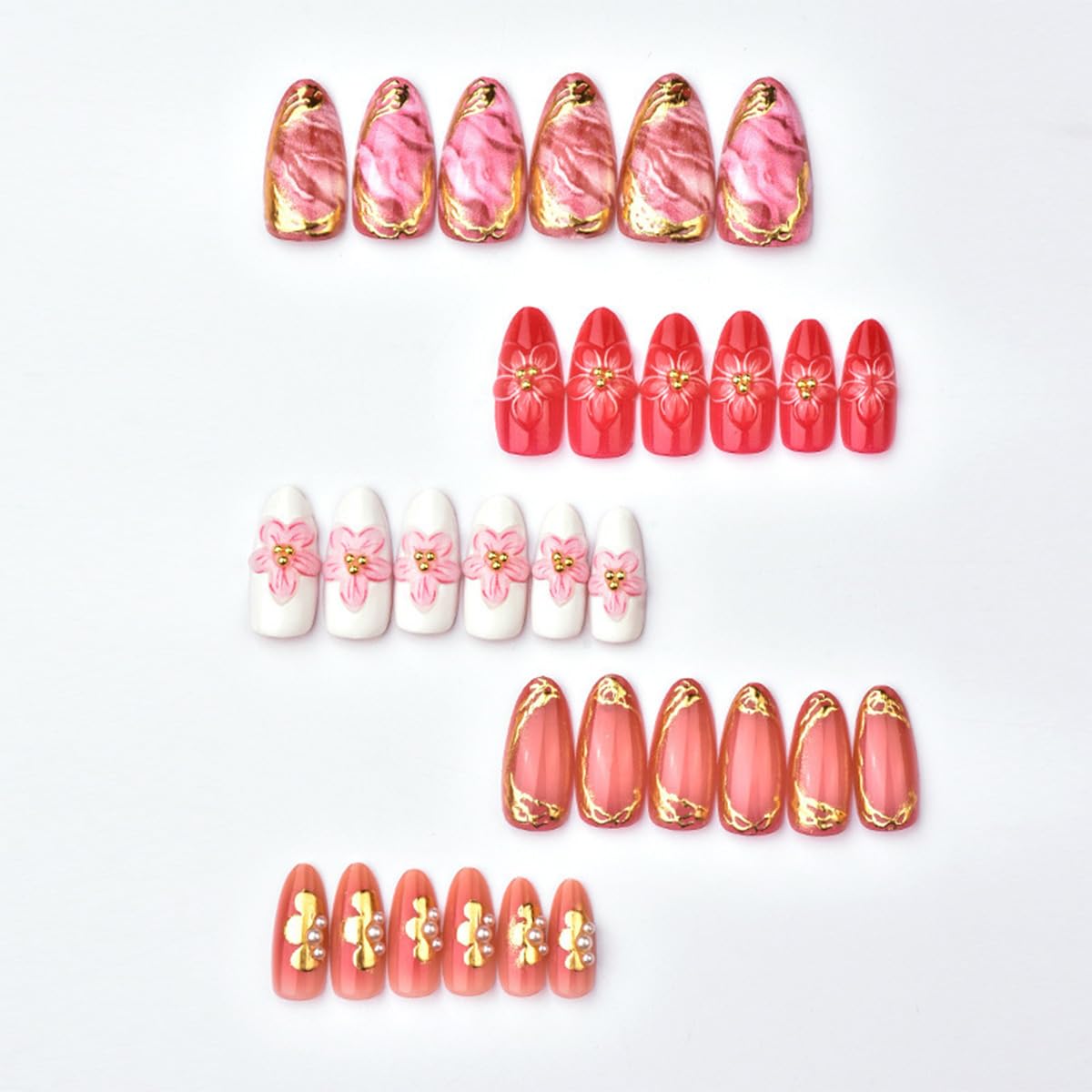 Mkwntg 30Pcs Pink Flower Press On Nails Medium Almond Fake Nails with 3D Gold Bead Pearl Ice Blooming Design Gold Line Summer Floral Ombre False Nails Cute Spring Full Cover Glue on Nails for Women
