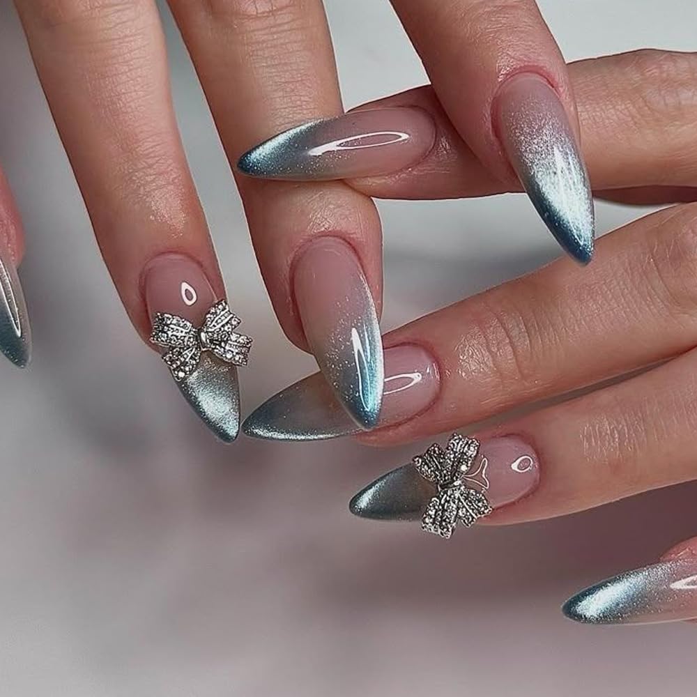 Medium Press On Nails Almond Fake Nails Gradient Glitter With Bow Charms Design Nude False Nails Acrylic Full Cover Glue On Nail Reusable Stick On Nail For Women DIY Manicure Decoration 24pcs