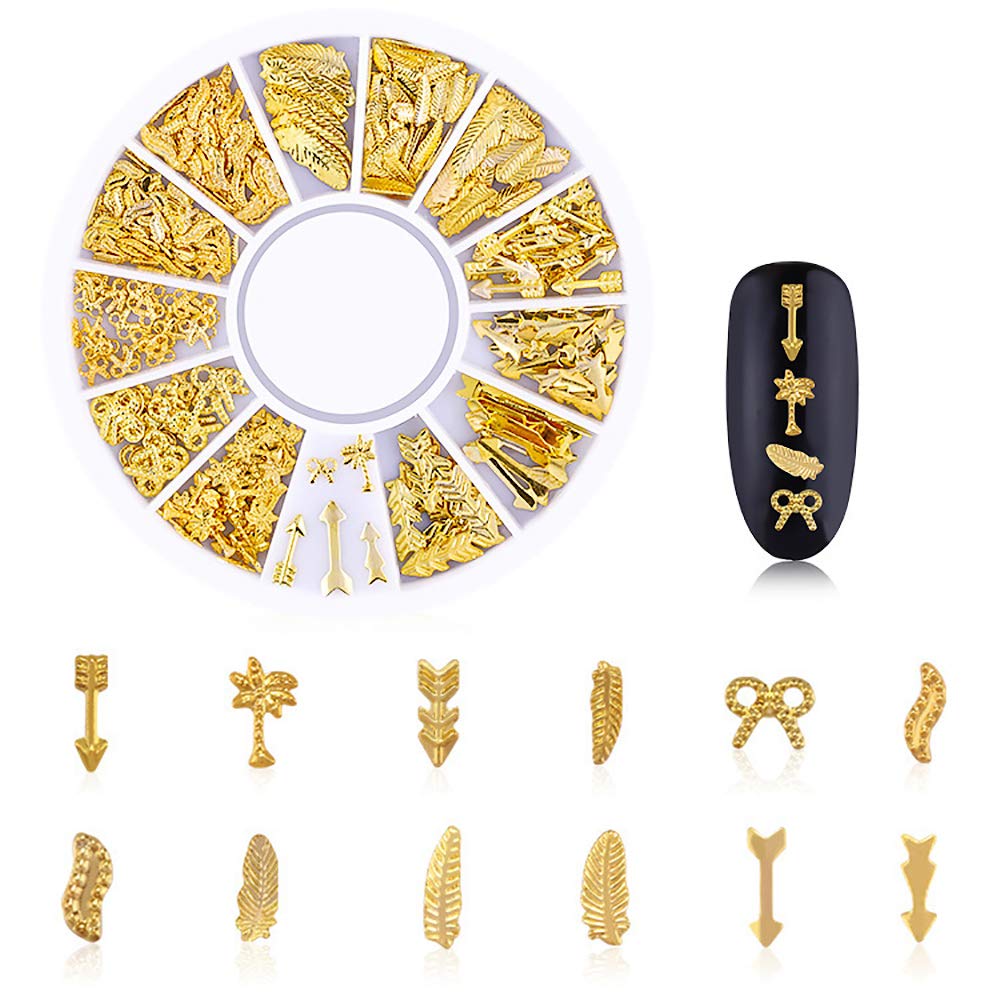 WOKOTO 6 Boxes Gold Nail Charms Studs Rose Star Moon Feather Shape Metal Nail 3D Charm Kit 3D Nail Art Jewelry Decoration with 1Pc Tweezers and Picker Pencil Tools
