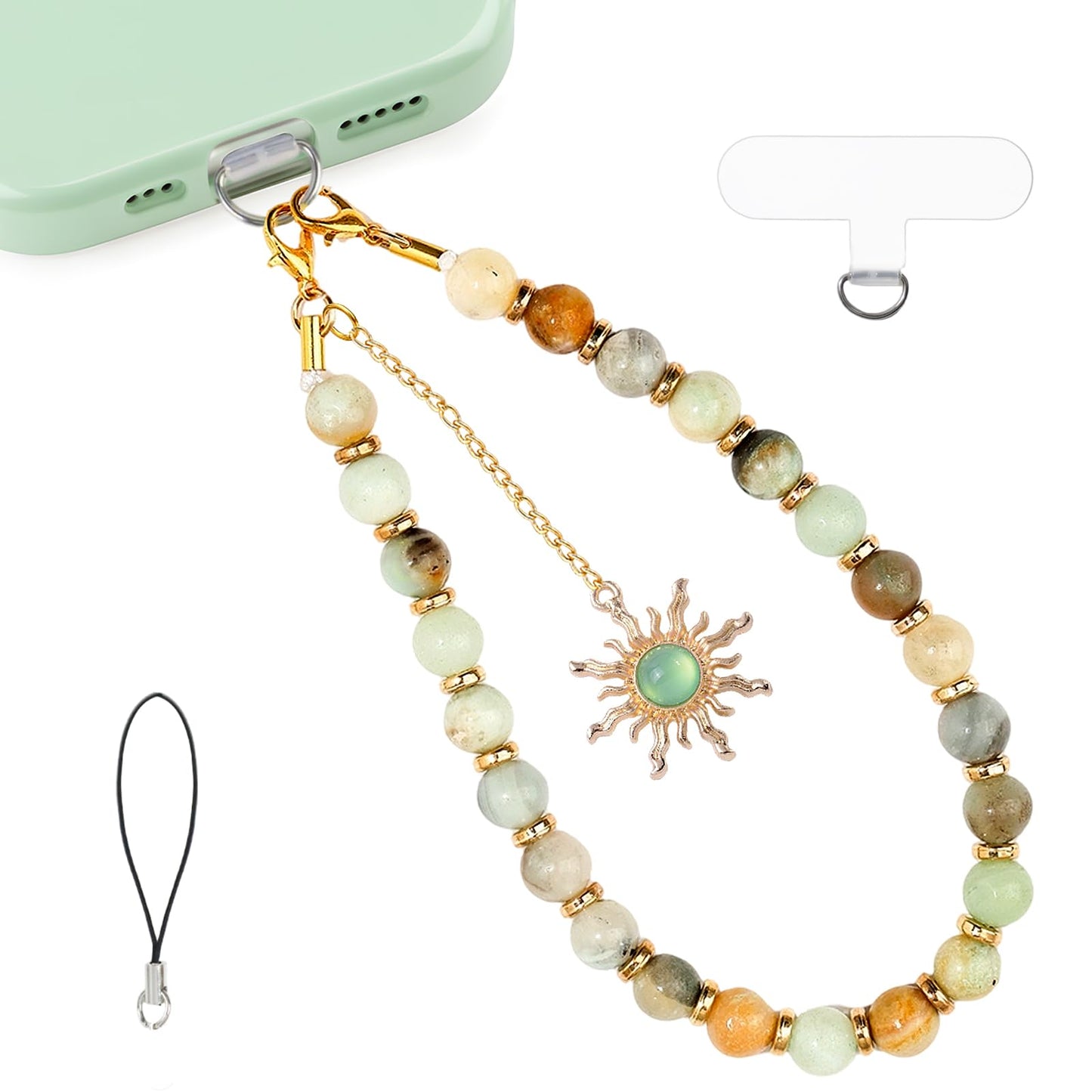 LuneClat Natural Stone Phone Wrist Strap for Women - Golden Sun Beaded Healing Phones Charm for Camera Keychain Decor, Handmade Cellphone Chain Lanyard with Tether Tab