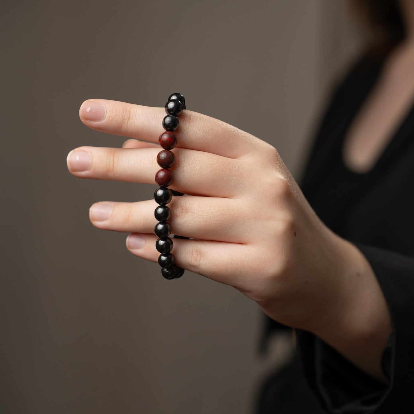 Karelian Heritage Black Shungite Beaded Bracelet, 8mm Handmade Stretchy Unisex, Crystal Healing Authentic Stone, Spiritual Chakra Balance Jewelry (Shungite & Red Jasper)