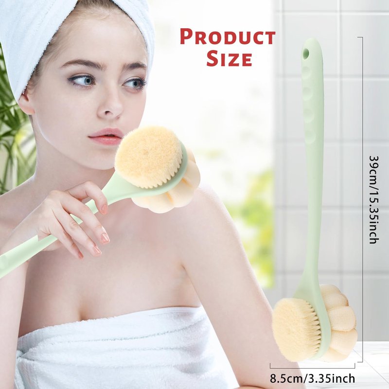 2 Pcs Double Sided Bath Brush Long Handled Shower Brush Massage Body Cleaning Mesh Sponge with Soft Bristles and Loofah for Skin Exfoliating Bath - Green