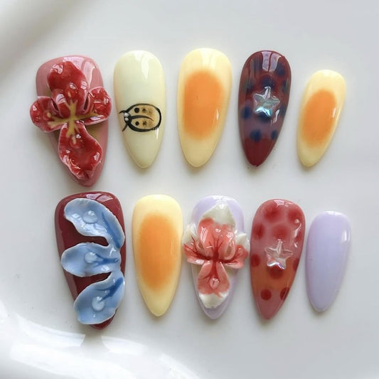 Luxury Press on Nails Medium Almond Handmade 3D Unique Reusable ABS Material Fake Nails Tropical False Nails with Designs Flower Ladybug Stars Art Petal Glossy Glue on Nails Thick Acrylic Nails(S)