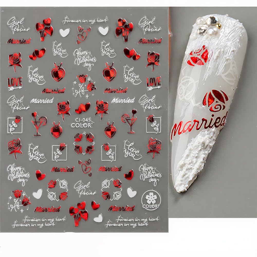12 Sheets Valentine’s Nail Art Stickers - 3D Self-Adhesive Red Diamond Lip Print Flowers Designs for Women, Easy DIY Acrylic Nails Decoration, Party & Daily Fashion Accessories