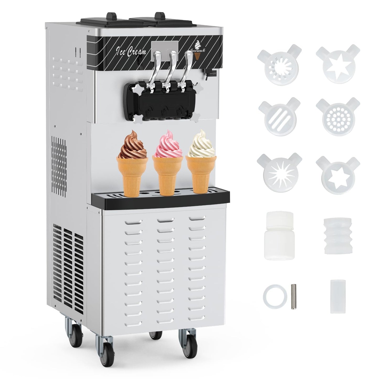 Commercial Ice Cream Maker Machine, 3 Flavors Soft Serve Ice Cream Machine, 2 * 7L Hoppers, 2450W Compressor Electric Ice Cream Maker for Restaurants/Dessert Shops/Mobile Cars/Snack Bars/Cafes