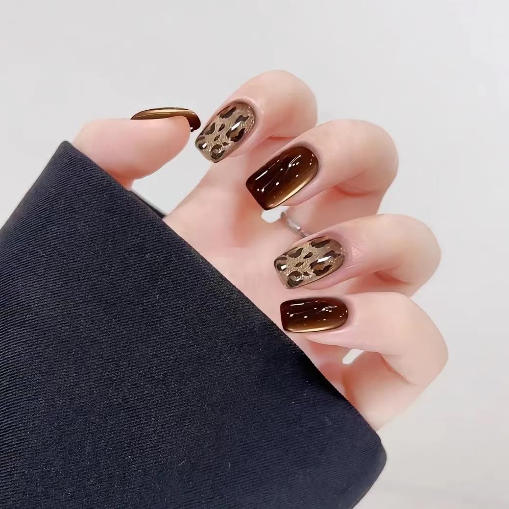 Wearable nail high-end champagne Burgundy and Nude Shades, Glitter Accent, short handmade detachable nail patch [short T], Set of 30 Nails (Beige and Brown Tones, Medium)