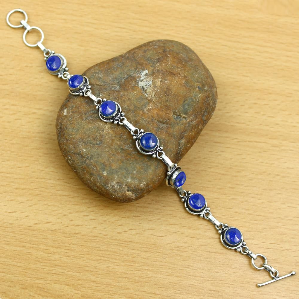Natural Lapis Lazuli 925 Silver Plated Bracelet for Women - Blue Stone September Birthstone Vintage Style Handmade Gemstone Bracelet - Wedding Christmas Valentine Day Gifts for Her