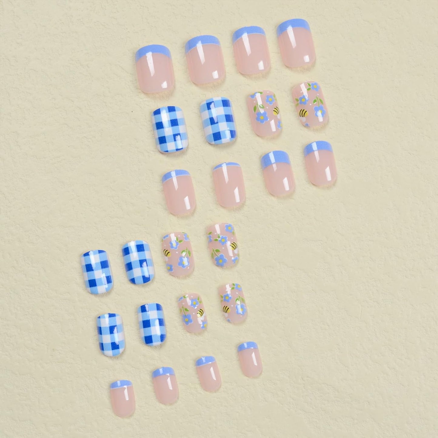 Tyuimhx Blue Flowers Press on Nails Square Short Fake Nail Blue French Tip False Nails Glossy Full Cover Stick on Nails Reusable Floral Artificial Glue on Nails for Women 24Pcs