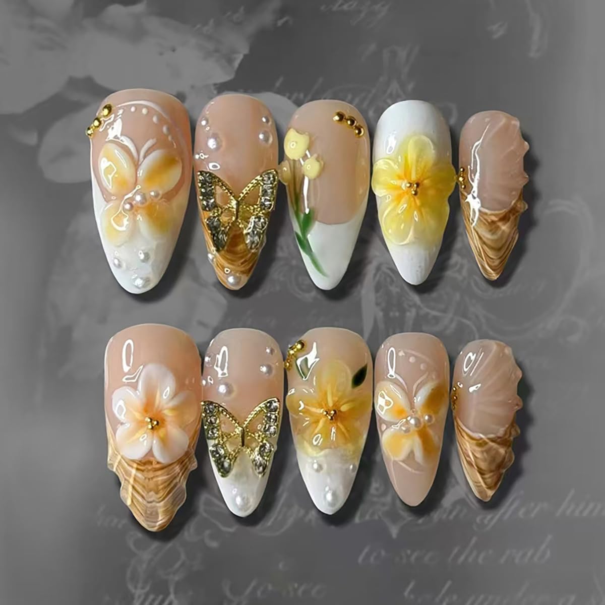 Press on Nails Almond Medium Length 3D Fake Nails with Butterfly Charms Designs Embossed Flower False Nails French Tip Nails Press ons Acrylic Summer Stick on Nails for Women French Manicure 24PCS