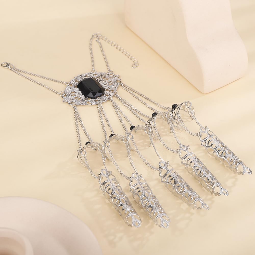 Chargances Halloween Finger Claw Nails Bracelet Gothic Ancient Queen Finger Extension Bracelet Belly Dance Indian Egyptian Hand Chain for Masquerade Cosplay Costume Jewelry (Silver)