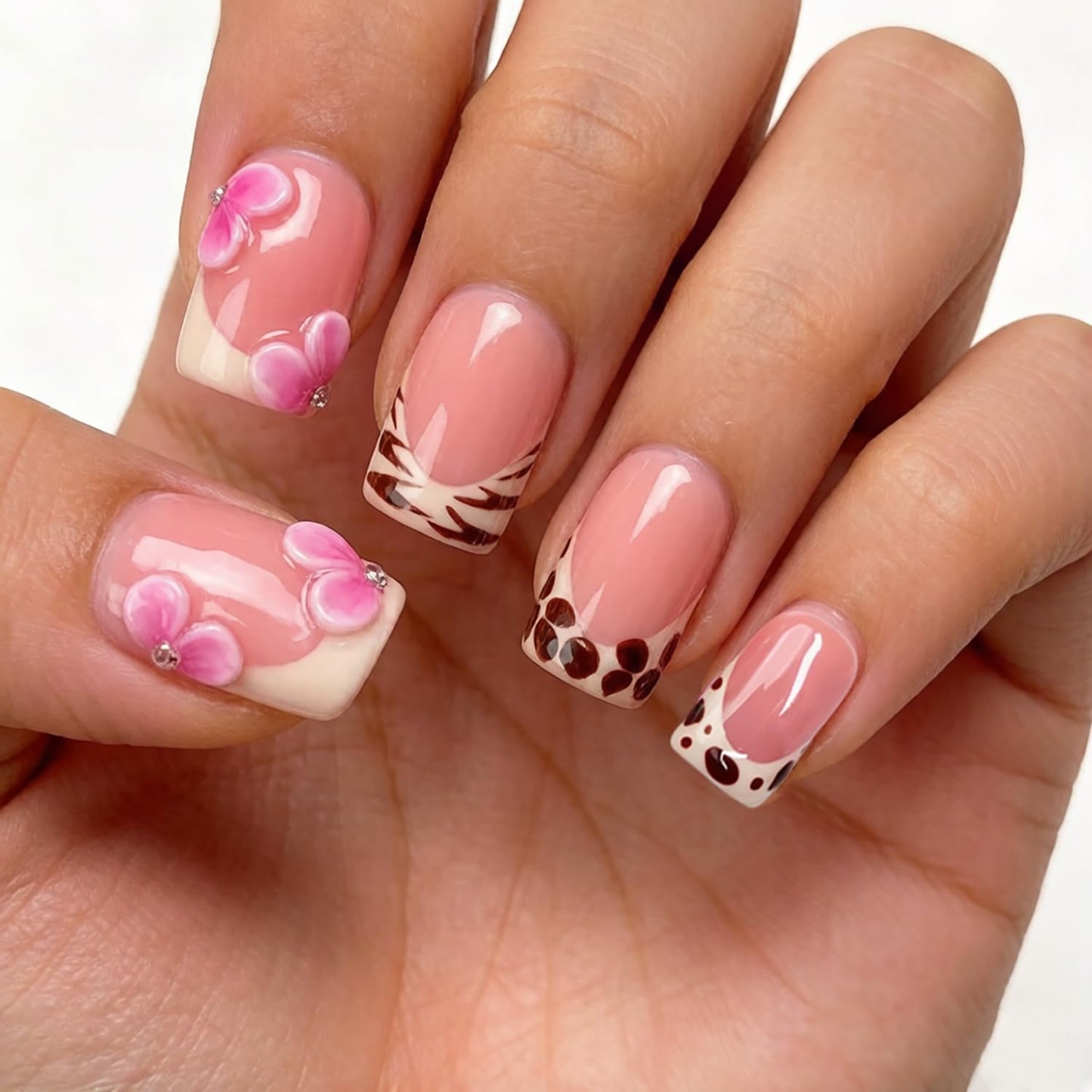 Luxury Handmade Press on Nails Pink White Gradient 3D Flower Fake Nails Stylish Short Square with Classic Leopard French Tip False Nail Thick Muti-Layer Gel Acrylic Stick on Nails for Women (M)