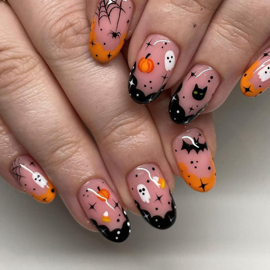 Halloween Press on Nails Short Almond Fake Nails French Tips Nail Press ons Ghost Spider Web Designs Acrylic Nails Short Oval False Nail Cute Glue on Nail for Women Girls Manicure 24Pcs