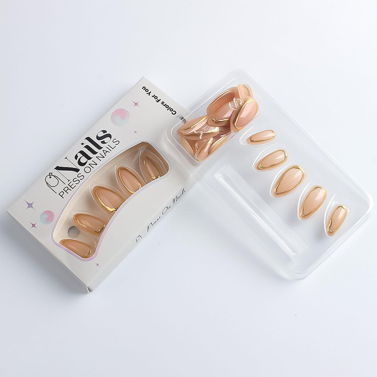 RUOKEXIN Almond Press on Nails French Tip Fake Nails Gold False Nails with Designs Medium Nail Press ons Sparkly Artificial Nails for Women 30Pcs