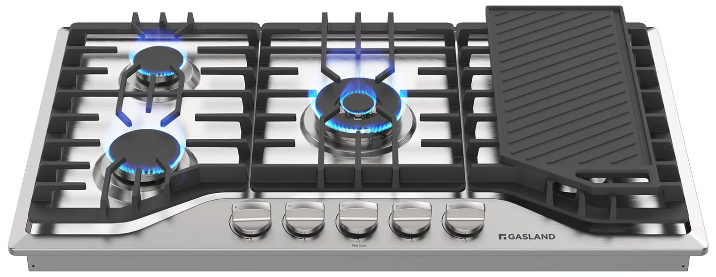 GASLAND 36 Inch Gas Cooktop, PRO GH3365SF 5 Burner Gas Stovetop with Reversible Cast Iron Grill/Griddle, Plug-in, NG/LPG Convertible Cooktops, Stainless Steel