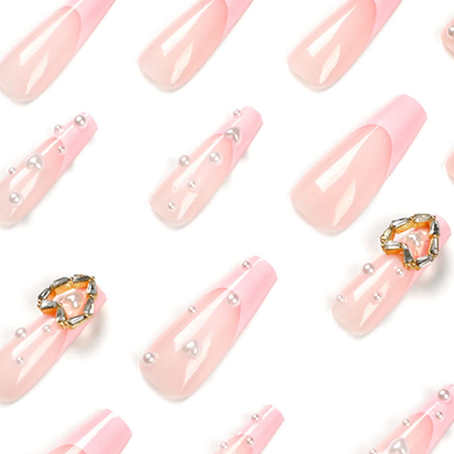 Hkanlre Coffin French Press on Nails Acrylic Heart Long Fake Nails Full Cover Ballerina Pink False Nails for Women and Girls 24PCS