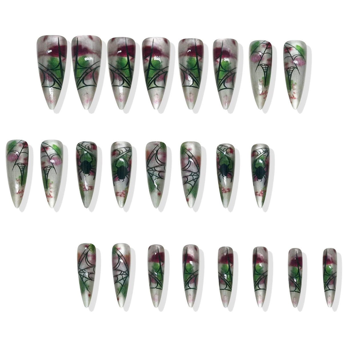 IMRAIN Press on Nails Long Stiletto Fake Nails with Spider Web Designs, Cat's Eye Glossy Glue on, Artificial, Acrylic, Full Cover False Nails for Women Manicure 24Pcs