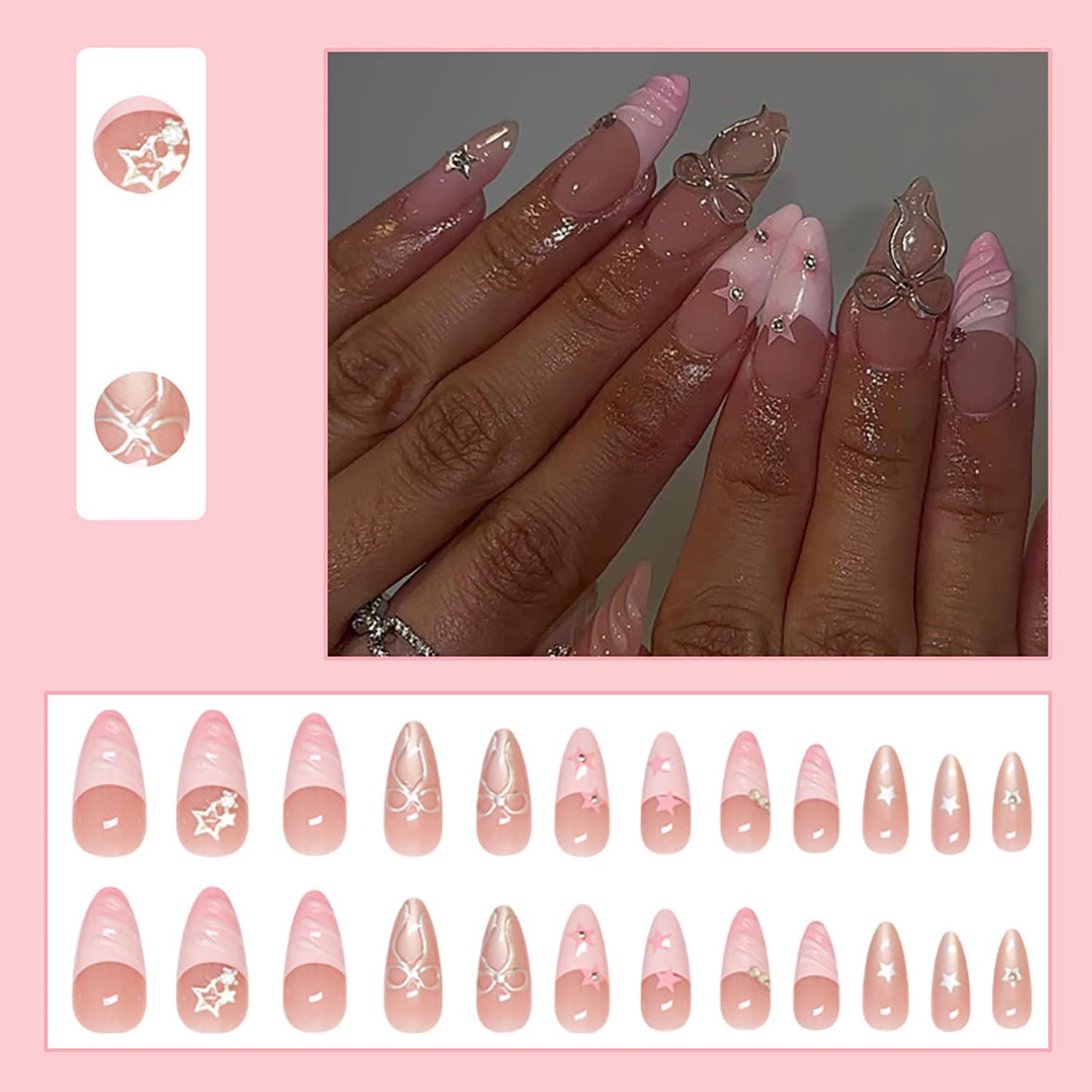 RIICFDD 24 Pcs Medium Almond Press on Nails Pink Fake Nails Star Nails Press ons 3D Water Ripple Glue on Nails Bow Rhinestone Nail Charms Full Cover Glossy Acrylic Nails for Women French Nails