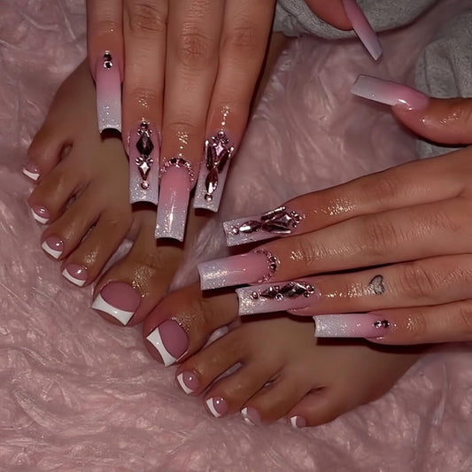 48Pcs White French Tips Press on Toenails & Long Square Press on Nails with Rhinestones, Long Square Glitter French Tip Fake Nails, Bling Glue on Nails for Women Wedding Party Manicure