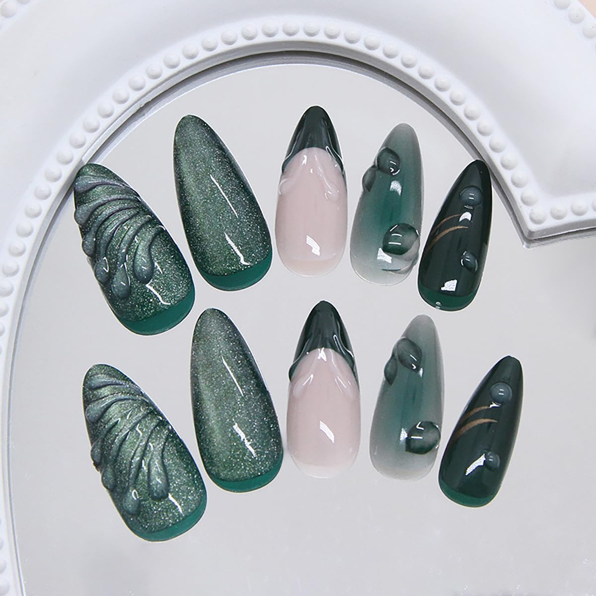 PODUOJIEYI 24Pcs Glitter Green Press On Nails Medium Almond Shape False Nails with 3D Leaf Water Ripple Designs Gold Star Glossy Acrylic Glue On Nails for Women DIY Manicure Salon
